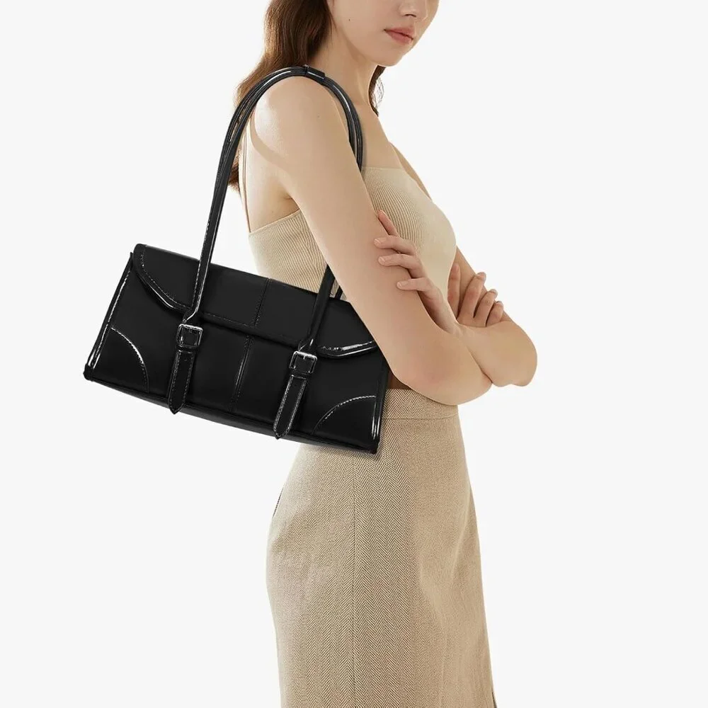 Women's Black Faux Leather Tote Bag Small Shoulder Handbag Purse